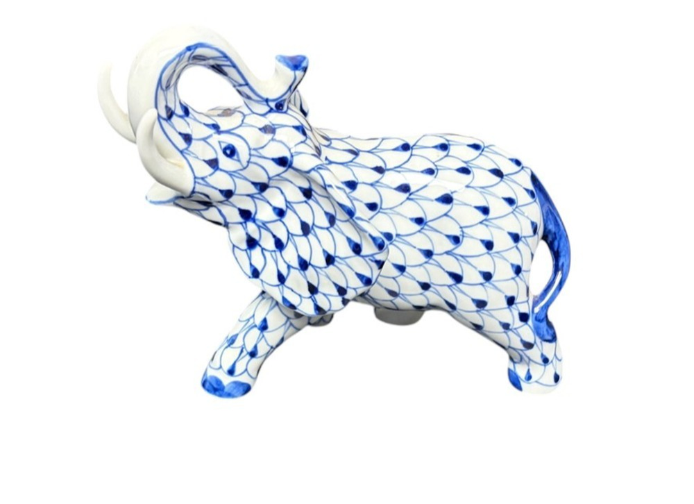 Andrea by Sadek Blue White Elephant Figurine Fishnet Herend Style 6.5"